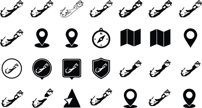 Vector icon set of Bermuda island map silhouettes with navigation markers and location finding symbols