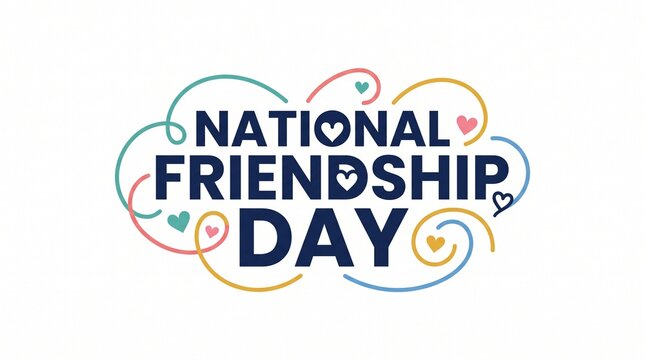 National friendship day text design with colorful hearts and swirls
