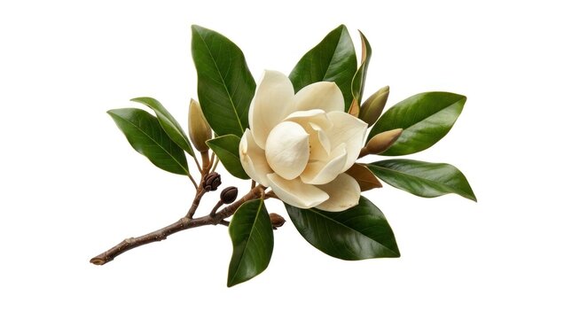 A magnolia blossom with green leaves, isolated on a white background.