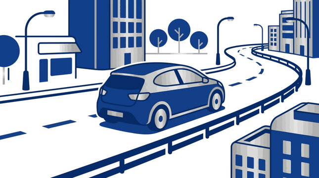 Blue Car on City Road.