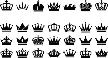 Royal crown silhouettes set, 28 black heraldic tiara icons, vintage king and queen headwear symbols, elegant imperial coronet vector collection © Creative Wings