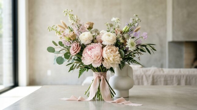 A beautifully arranged bouquet of flowers, including pink and white roses, placed on a table in a modern, minimalist setting.