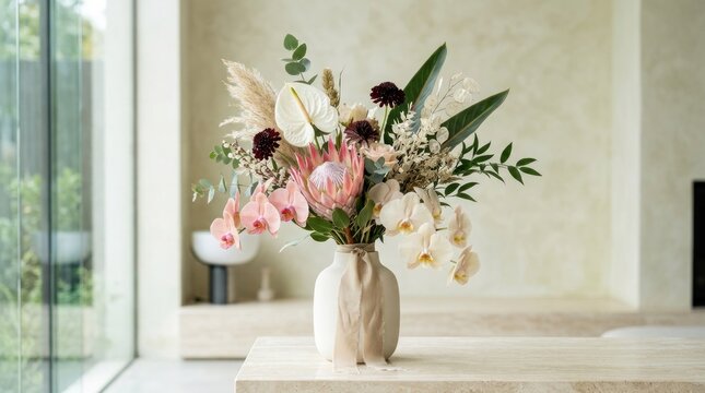A beautifully arranged bouquet of flowers in a vase, featuring a mix of pink, white, and green flowers, placed on a marble table in a modern, minimalist setting.