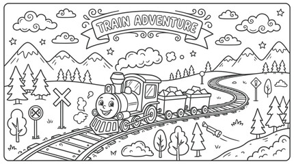 Cartoon steam locomotive travels along a winding track through a mountain landscape with trees and clouds. © pixmastock