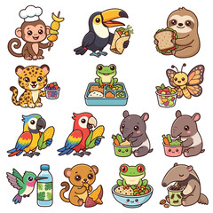 Obraz premium Cartoon animals eating food.