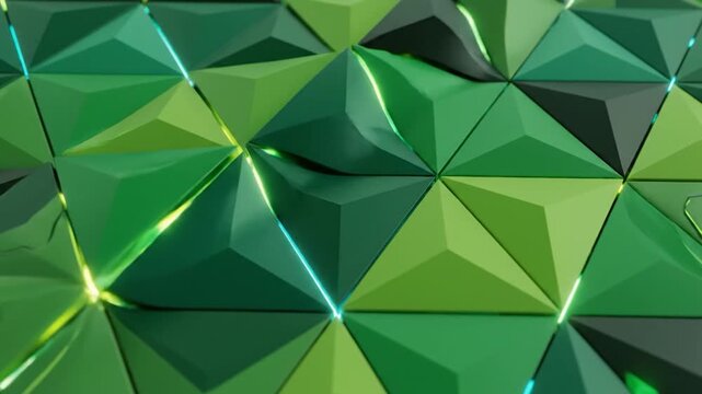 Abstract green geometric pattern with glowing lines and triangular shapes