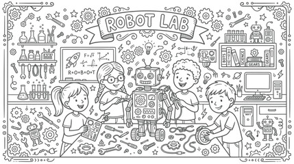 Fototapeta premium Children in a Robot Lab Explore Science and Technology Together for Learning.