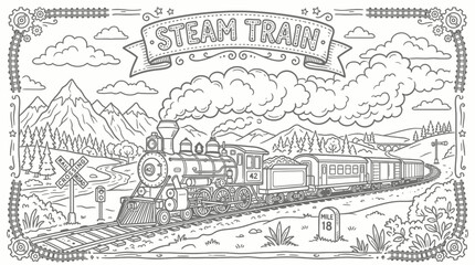 Vintage steam locomotive traveling through scenic countryside with mountains. © pixmastock