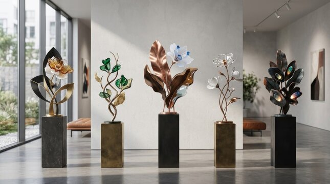A modern art installation featuring abstract floral sculptures on a polished stone pedestal in a minimalist gallery setting.