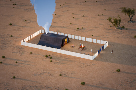 3d rendering illustration of Bible sanctuary in the wilderness, Old Testament scripture, structure of tabernacle, as described in the book of the Exodus.