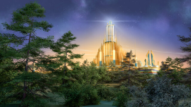 The New Jerusalem, Holy City of Zion, glowing with the glory of God on the New Earth. Biblical imagery Revelation concept of New Earth. 3d rendering religious illustration.