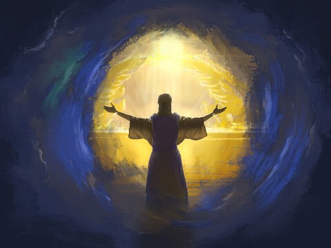 Depiction of Jesus the Intercessor, the Son of man and High Priest, ministering in the heavenly sanctuary according to Hebrews, New Testament religious illustration imagery. Ark of the covenant.