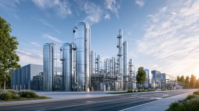 Modern industrial factory complex with large chrome distillation columns and storage tanks situated alongside a paved highway under a partly cloudy blue sky.