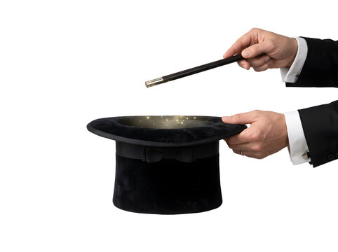 Magician holding a magic wand over a top hat isolated on transparent background
