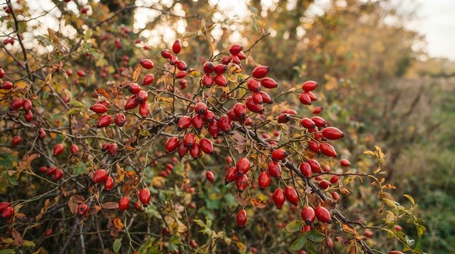 Vibrant Red Rose Hips on a Bush in Autumn Sunlight.
