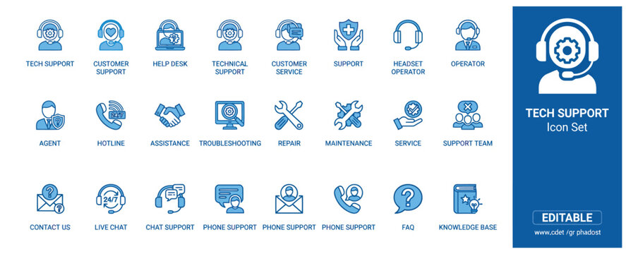 Comprehensive tech support icon set for customer service help desk and technical assistance tasks