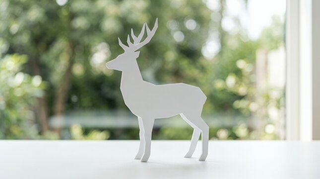 White Silhouette of a Deer Standing on a White Surface with a Blurred Green Background.