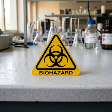 Yellow biohazard warning sign on a laboratory bench with scientific equipment.