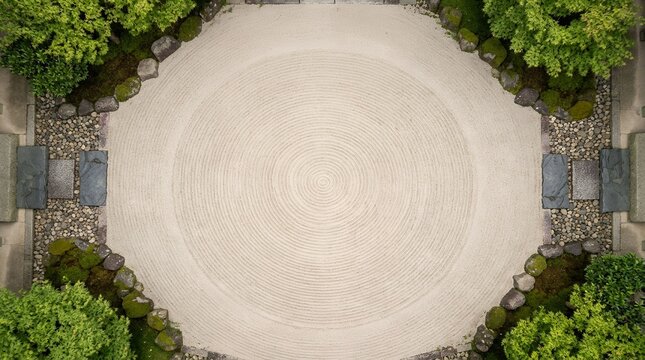 Zen Garden Courtyard with Lush Greenery and Stone Accents.