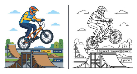 Obraz premium BMX Rider Performing Trick on Ramp, Action Sports, Vibrant Colors vs Line Art