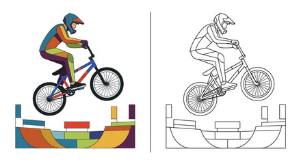 Obraz premium Colorful BMX rider jumping on ramp, line art version included