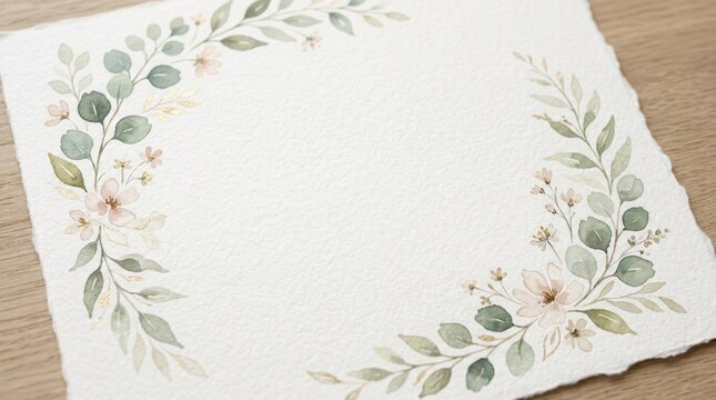 A watercolor painting of a floral wreath with green leaves and pink flowers on a white background.