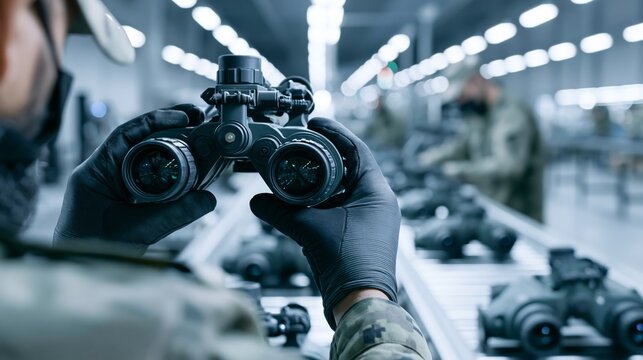 Military inspector examining night vision goggles from a conveyor belt. Concept of NVG quality control.