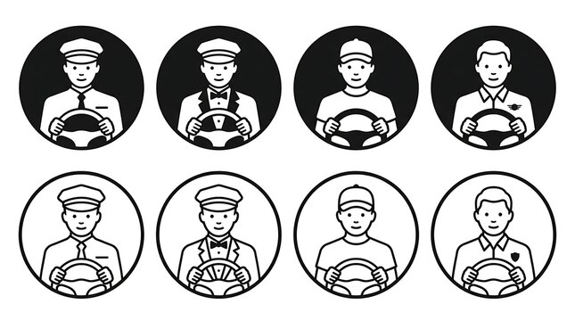 Set of professional driver avatar icons featuring taxi chauffeur, limousine driver, delivery worker, and pilot in circular frames