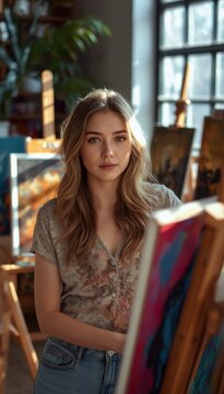 A young woman with long hair stands in a sunlit art studio, focusing on her painting on an easel surrounded by natural light and creative ambiance.