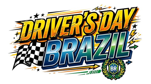 Drivers Day Brazil celebratory typography design with checkered flag and national emblem for professional transport industry events