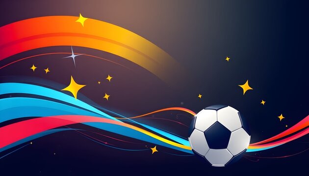 A soccer ball flies through colorful waves and stars in a dark space.