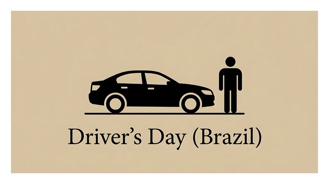 Minimalist icon illustration for Driver Day in Brazil featuring a black sedan car silhouette and a standing person on a neutral beige background