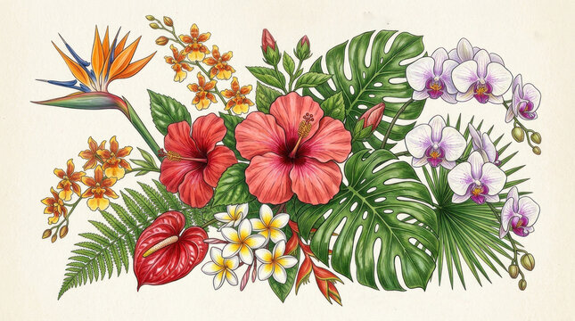 A vibrant tropical floral arrangement featuring hibiscus, orchids, and other exotic flowers, set against a textured beige background with a subtle gradient.