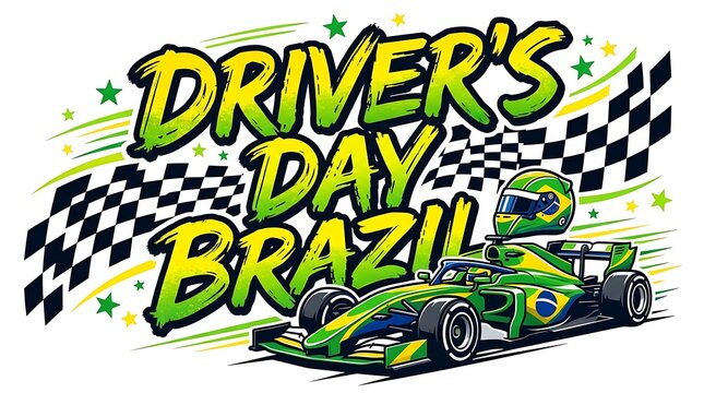 Drivers Day Brazil commemorative illustration featuring a formula race car with Brazilian flag colors and a checkered flag background