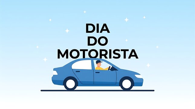 Dia do Motorista celebration with a professional driver in a blue sedan car on a light blue background for transportation concept