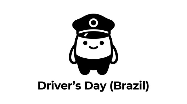 Minimalist black and white icon of a cute cartoon driver character celebrating Driver Day in Brazil with a simple flat design style