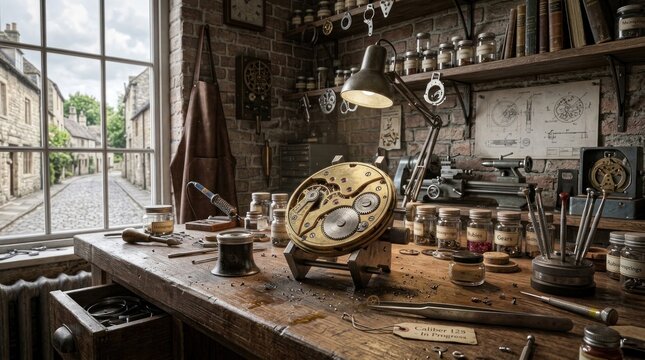 A cluttered workshop with a large clock mechanism on a wooden table, surrounded by various tools and equipment, with a window showing a cobblestone street and a brick building in the background.