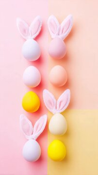 Colorful Easter eggs decorated with fuzzy bunny ears on a pink and yellow background.