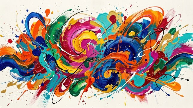 A vibrant abstract painting with swirling colors and splashes of paint on a white canvas.