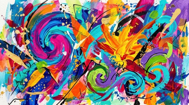 A vibrant, abstract painting with swirling colors and a central flower-like shape, set against a colorful background.