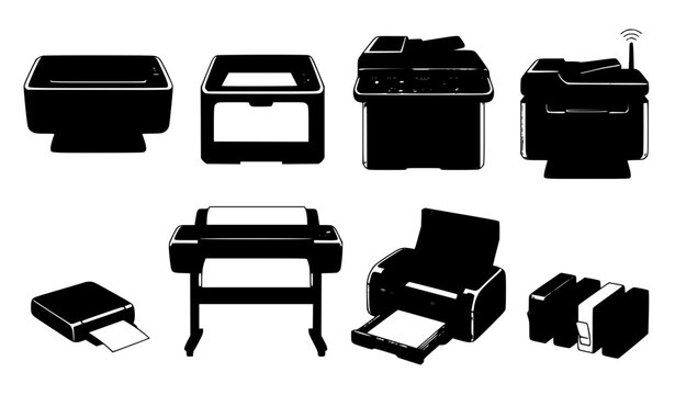 Office Printer and Scanner Silhouette Icon Set Featuring Inkjet Printers, Large Format Plotters, Copiers, and Cartridges for Technology Graphic Designs