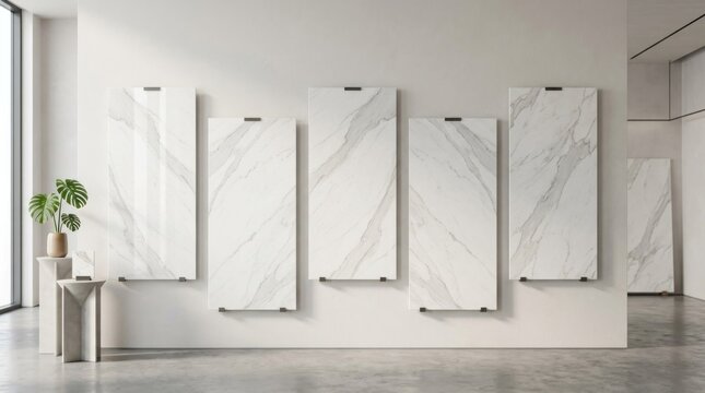 A modern, minimalist display of white marble panels in an empty, spacious room with a concrete floor and large windows.