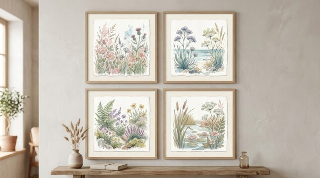 Four framed botanical illustrations of various plants and flowers, displayed on a wooden shelf in a light-colored room with a neutral wall and a window in the background.