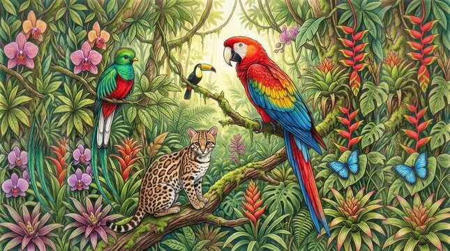 A vibrant tropical jungle scene with a macaw, quetzal, and ocelot perched on a branch, surrounded by lush foliage and colorful flowers.