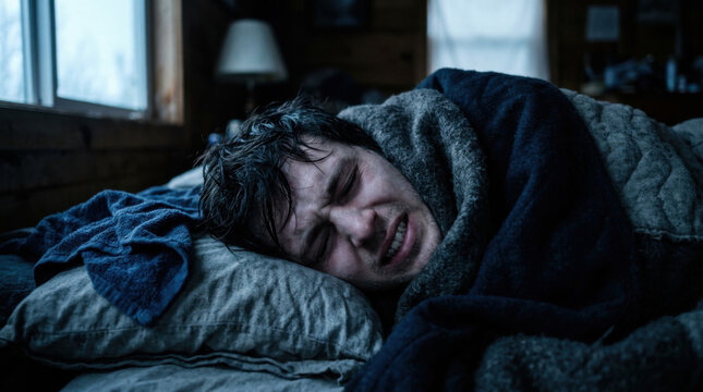Man Waking Up Sick And Uncomfortable In A Cabin Bedroom