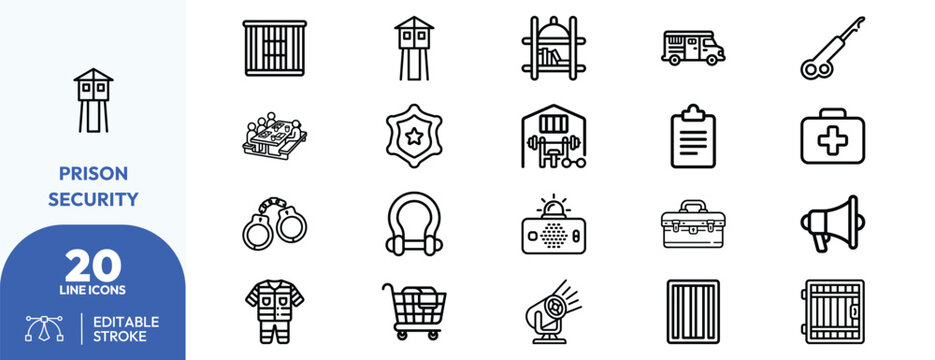Detention facility operations set. Containing guard tower, handcuffs, jail cell, surveillance camera, medical kit, prisoner uniform, security badge, gym. Editable stroke. Vector illustration.