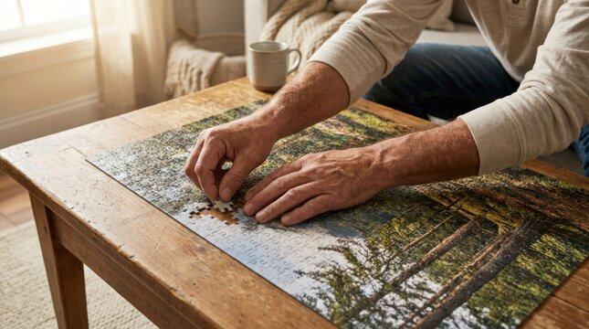 Man assembling jigsaw puzzle on wooden table, for patience mental focus while for process solving complex problem to achieve complete successful result