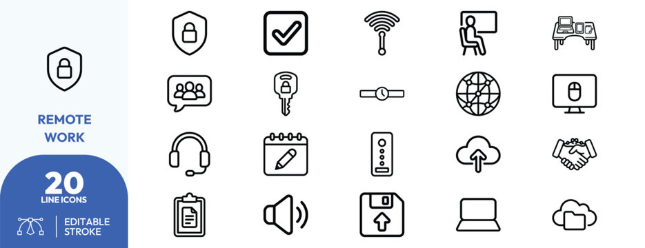 Telecommuting Tools set. Containing secure access, video call, cloud storage, document verification, Wi-Fi, virtual workspace, global network, encrypted device. Editable stroke. Vector illustration.