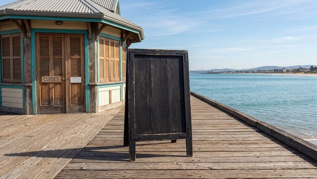 Blank wooden chalkboard sign on a coastal boardwalk pier by the sea