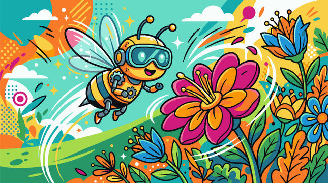 Colorful digital illustration of a cute robotic bee flying towards vibrant flowers in a whimsical garden.
